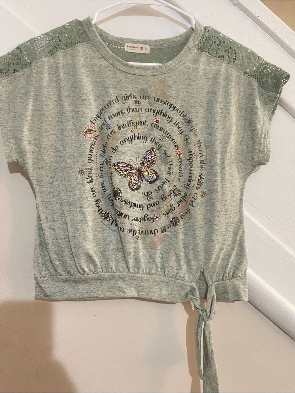 Beautees Light Sage Green Butterfly Tie-Front Tee